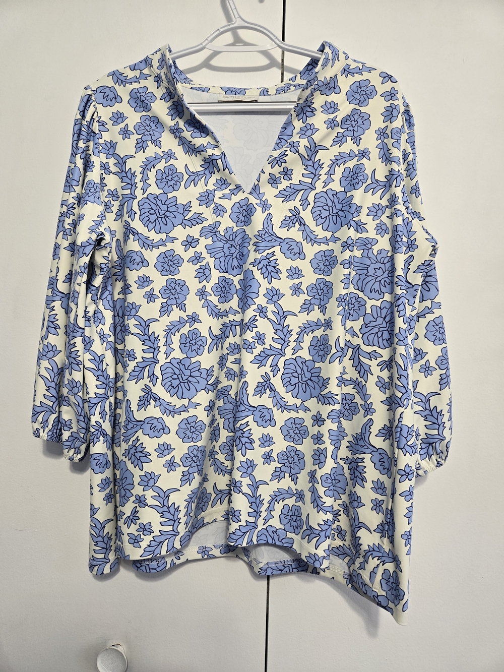 Smith & Quinn X-Large Blue Floral Stretch Blouse Puff Sleeve Top